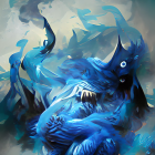 Blue cartoon monster with large eyes and smile on dark, smoky background