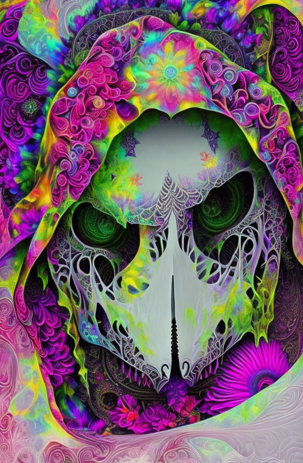 Colorful Psychedelic Skull Art with Neon Green, Purple, and Pink Patterns