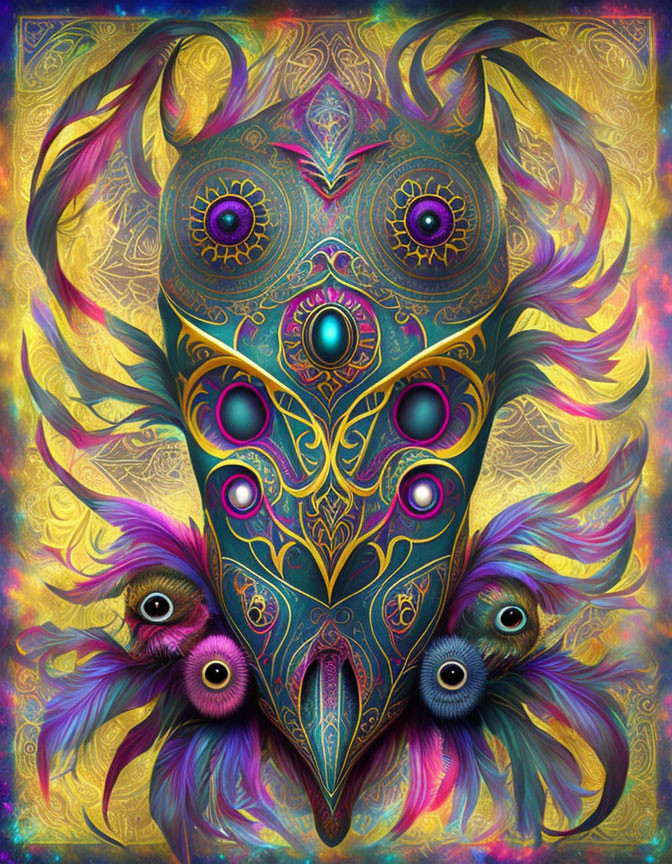 Colorful Psychedelic Owl Illustration with Radiant Colors and Multiple Eyes