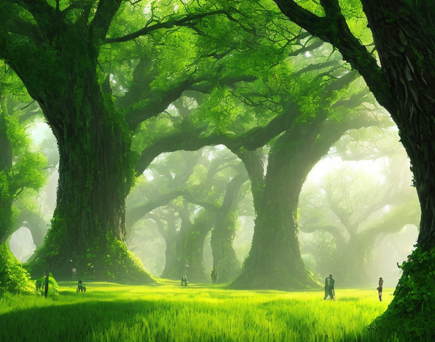 Ancient forest with towering trees and sunlight beams illuminating misty air