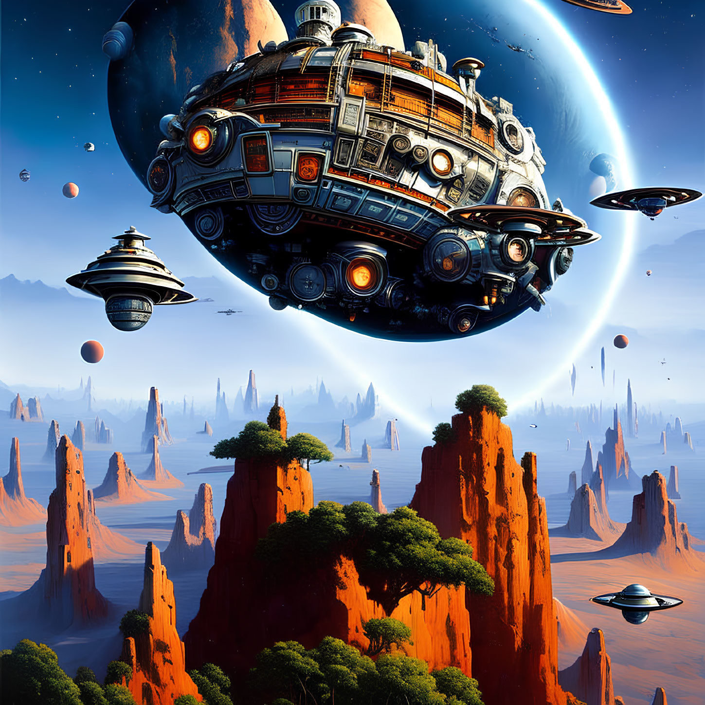 Futuristic spaceships over desert landscape with red rock formations