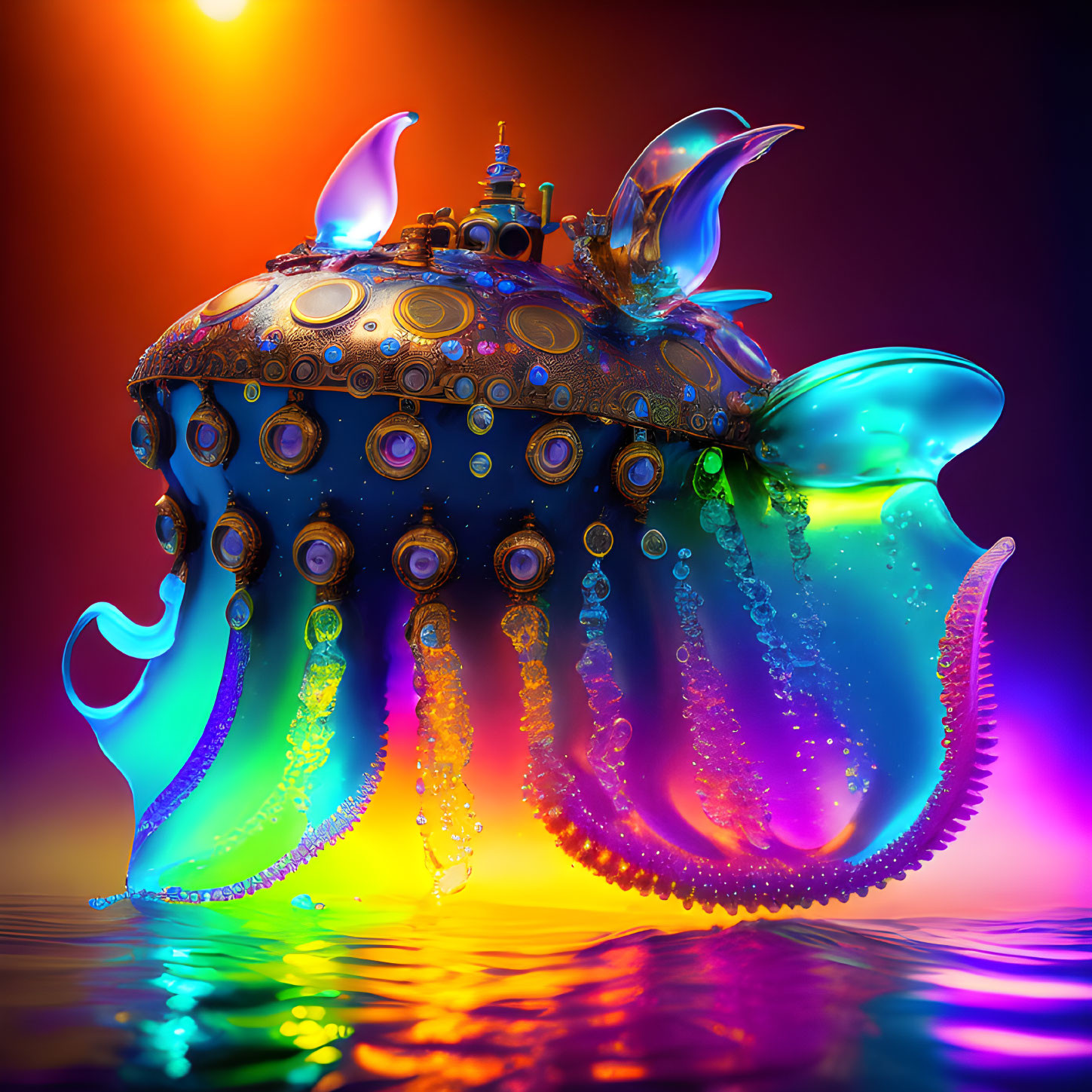 Colorful surreal illustration: mechanical octopus in water under gradient sky