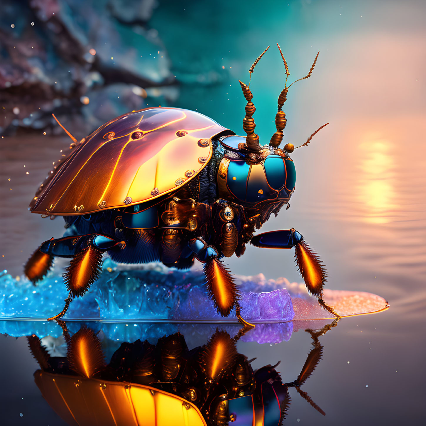 Mechanical beetle on ice floe at sunset with orange-hued water