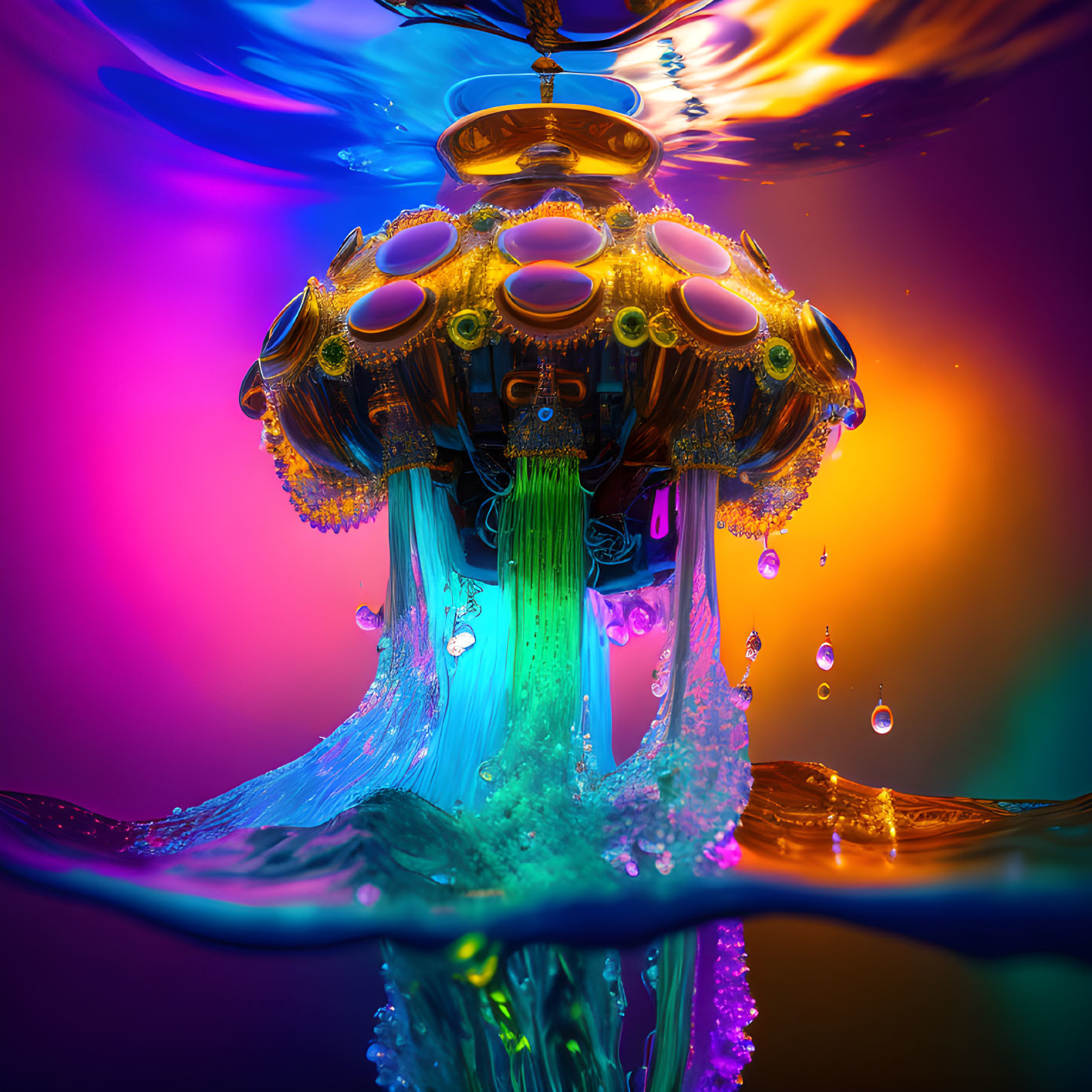 Colorful Digital Art: Fantastical Jellyfish Structure Floating Above Surreal Water