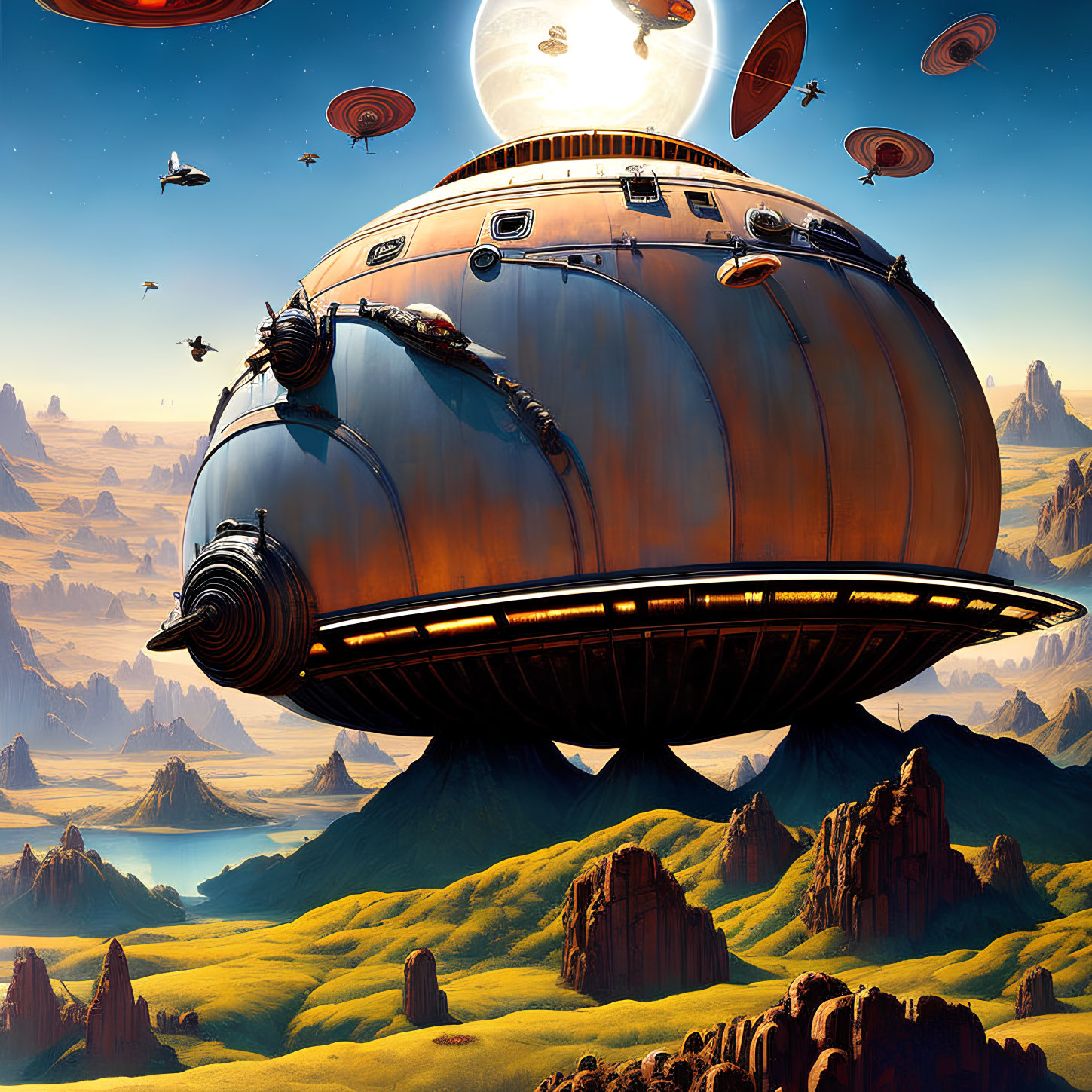 Large spherical spaceship lands on grassy plain with desert mesas and flying crafts under vast sky.