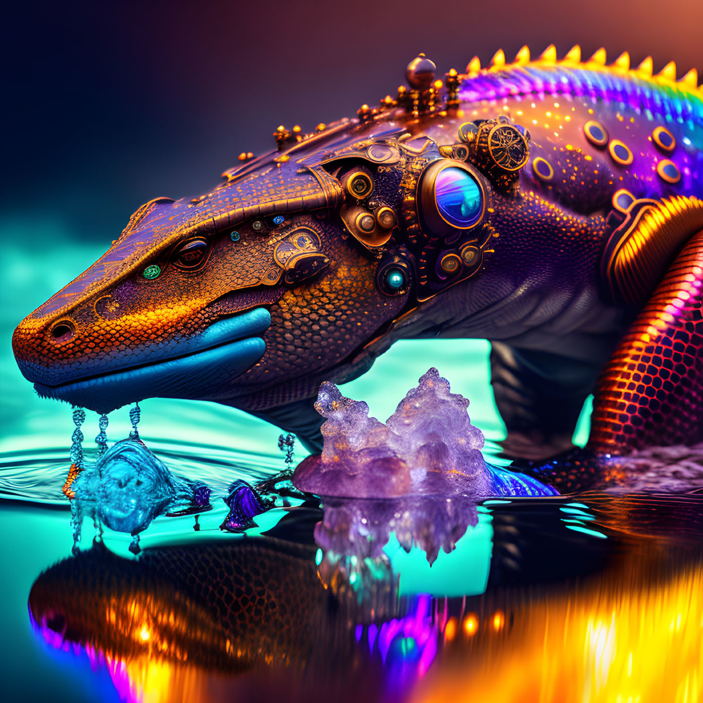 Colorful Mechanized Lizard with Jewelry by Water and Crystal Formation