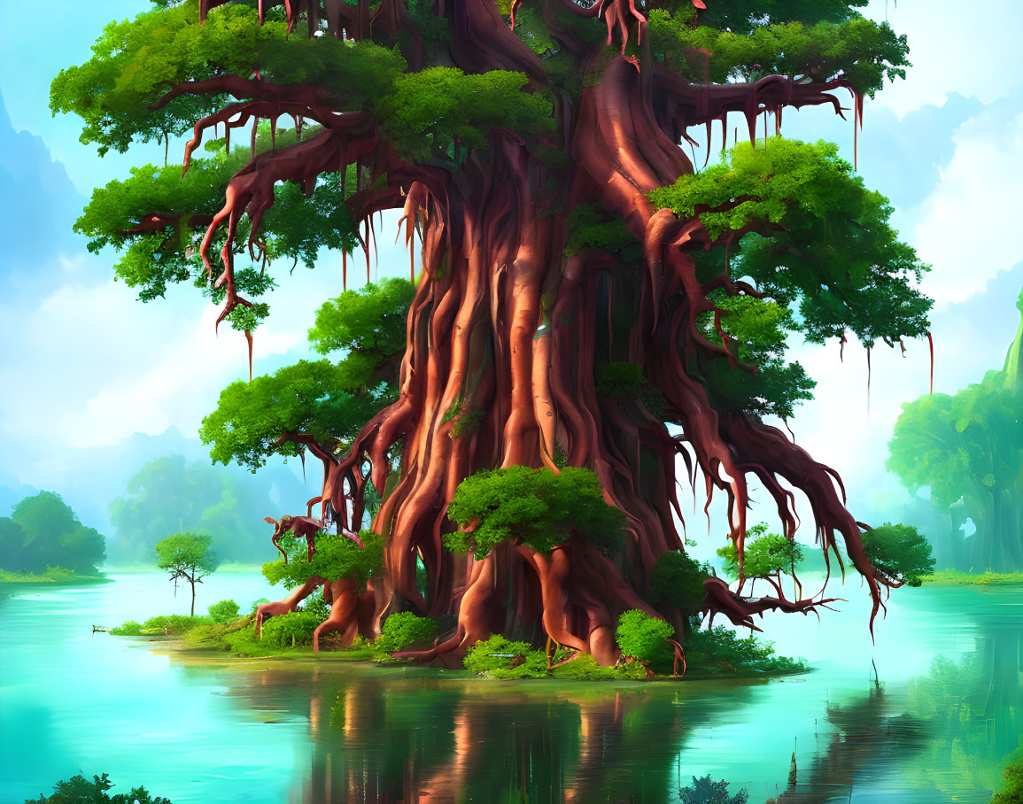 Majestic ancient tree on islet in serene lake and misty forest landscape