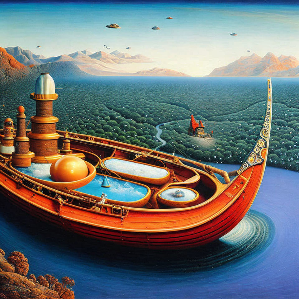 Surreal painting: ship with pools, forest landscape, flying saucers