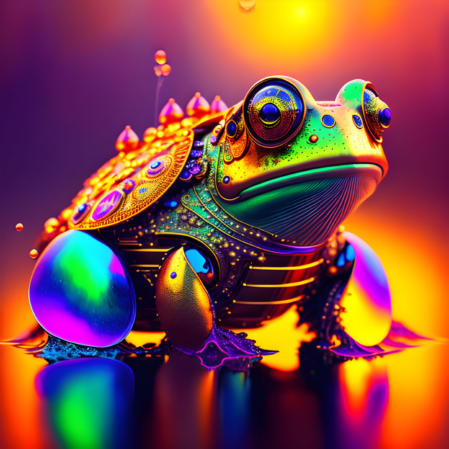 Colorful digital artwork: Mechanical frog with intricate patterns on iridescent background