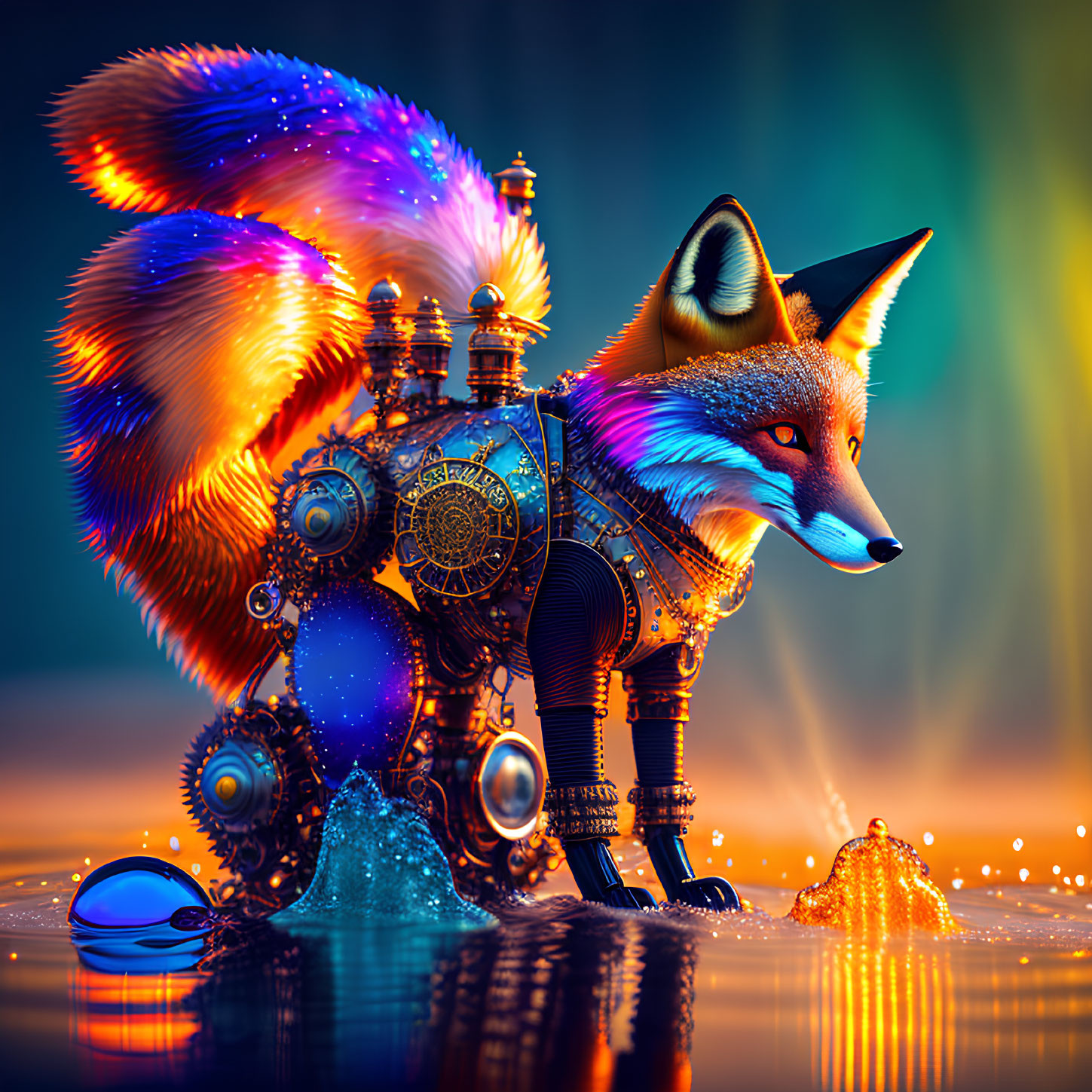 Colorful mechanical fox with feather-like fur by water and lights