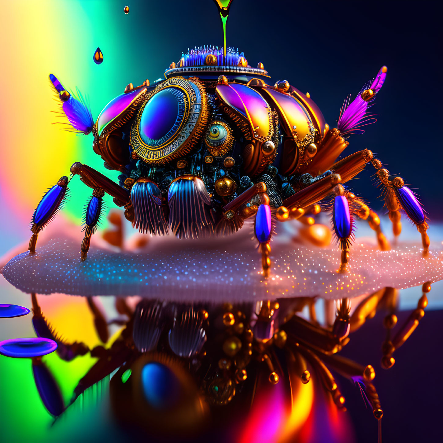 Detailed digital artwork: Mechanical insect with vibrant colors and reflections on glossy surface