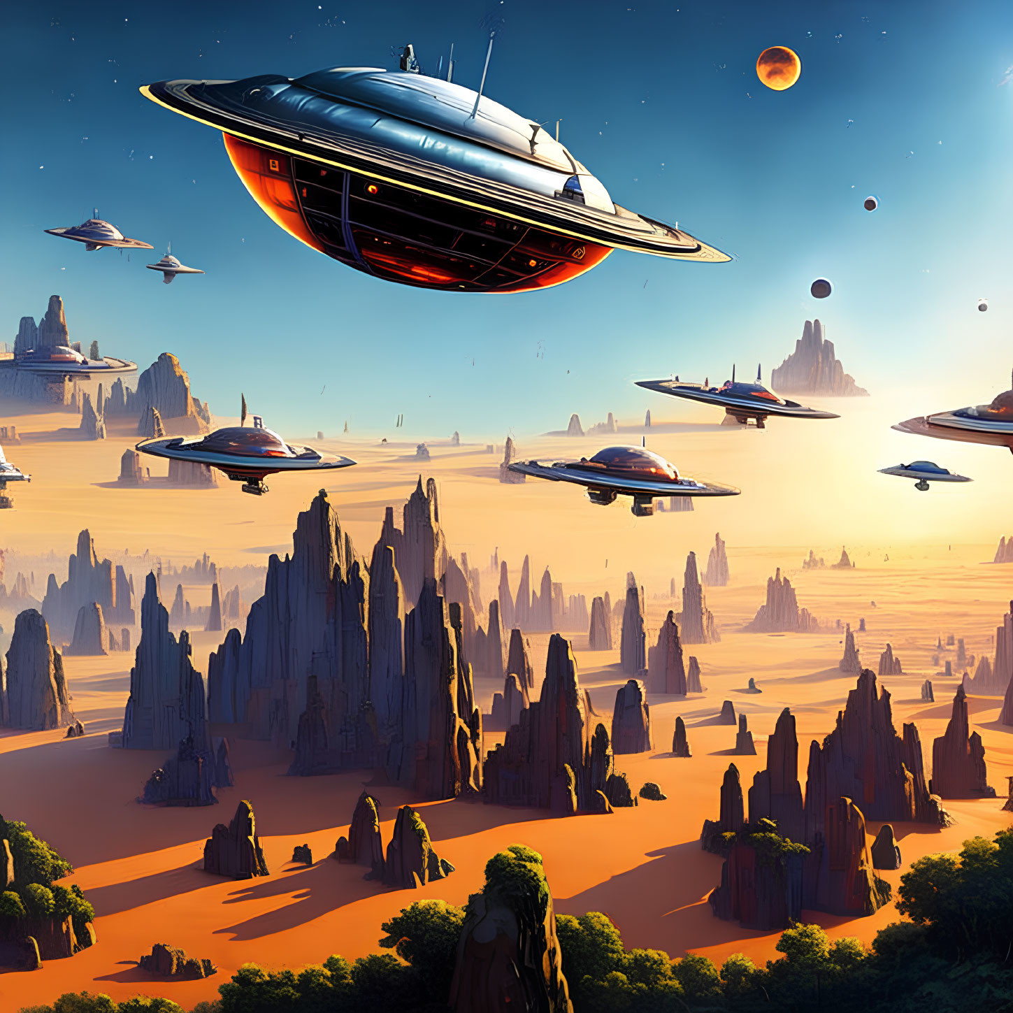 Futuristic flying saucers over desert landscape with rock formations