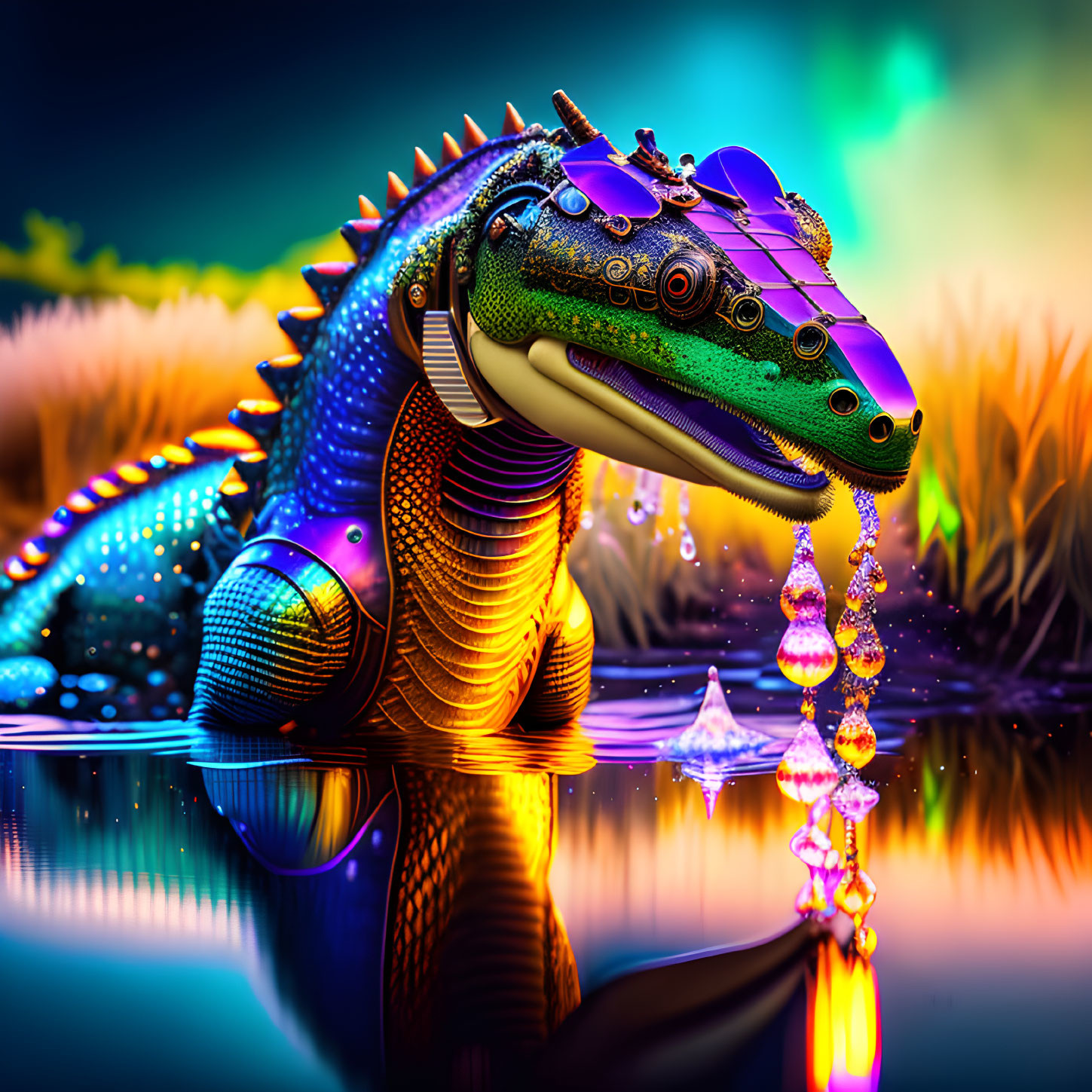 Colorful cybernetic crocodile with glowing eyes reflected on neon-lit water