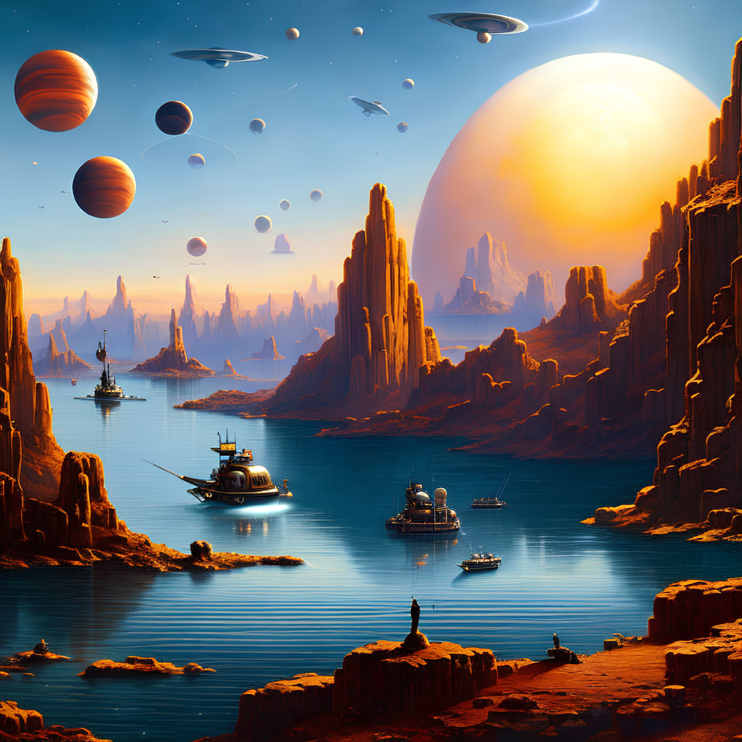 Futuristic ships on blue lake with orange rocks under alien sky