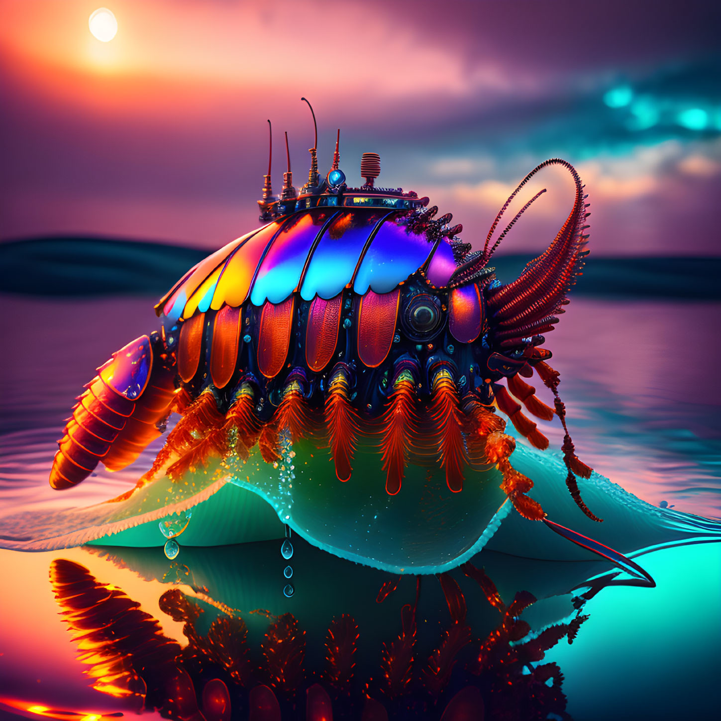 Colorful Sunset Ocean Scene with Mechanical Sea Creature