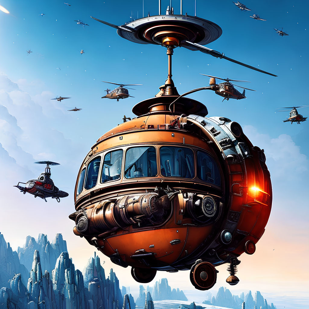 Detailed futuristic orange spherical airship hovering over rocky terrain with flying crafts under blue sky