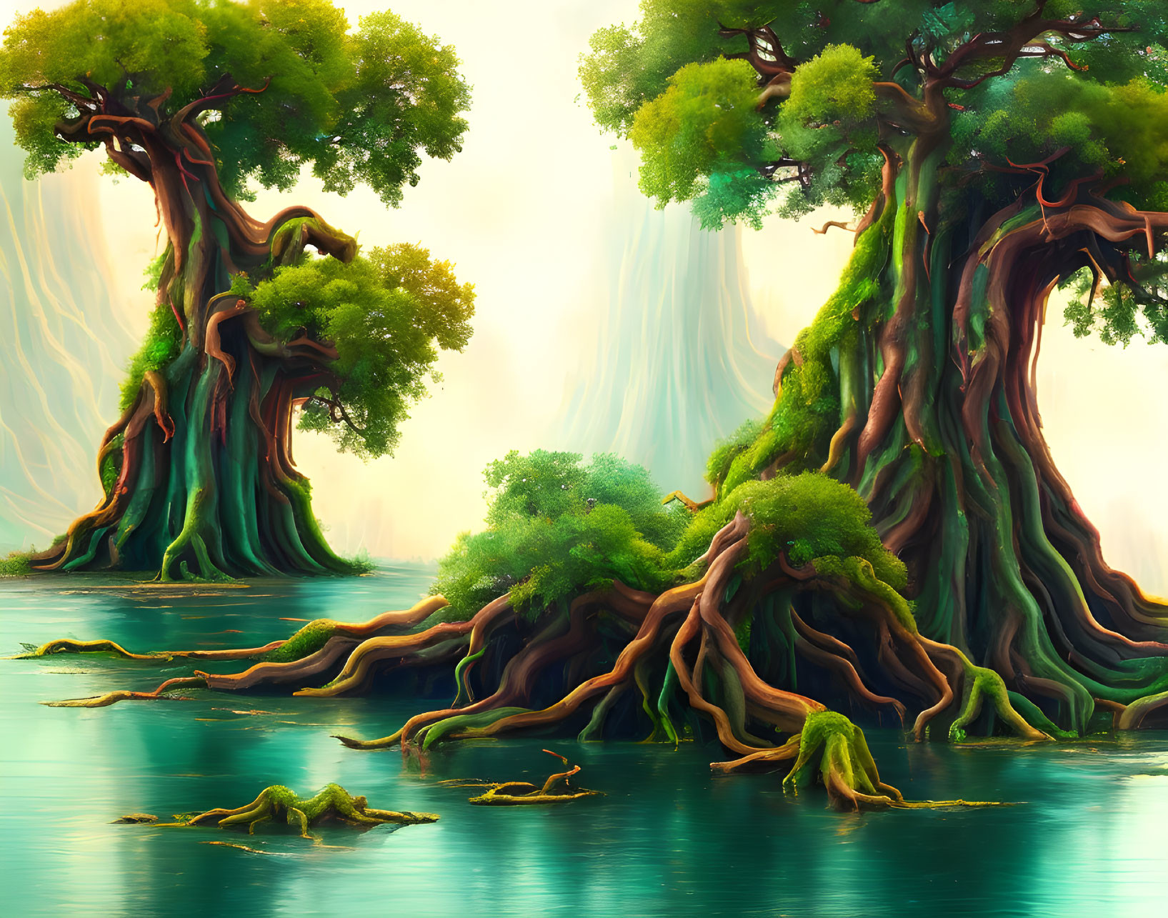 Tranquil landscape with ancient trees and misty ambiance