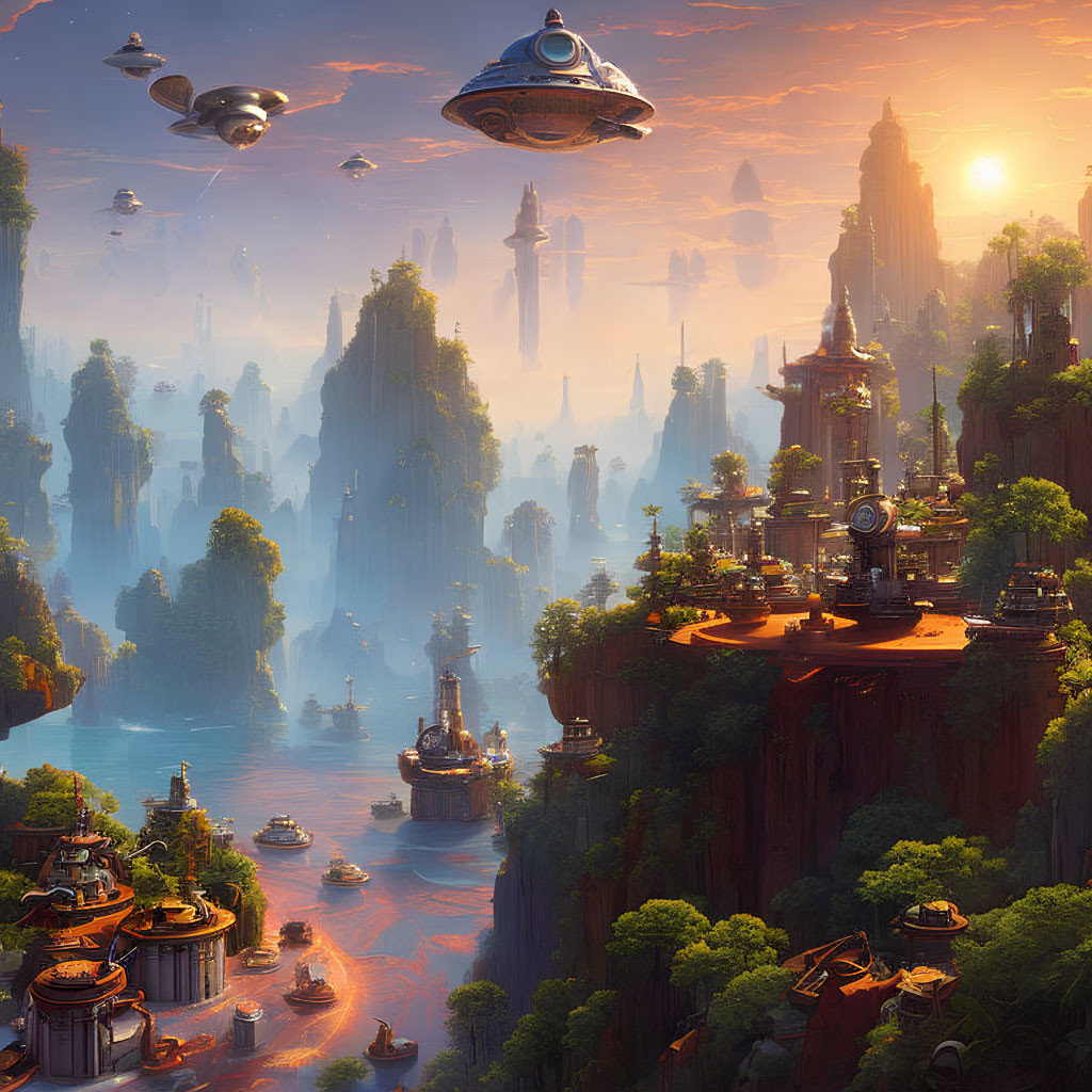 Fantastical sci-fi landscape with floating islands and flying saucers