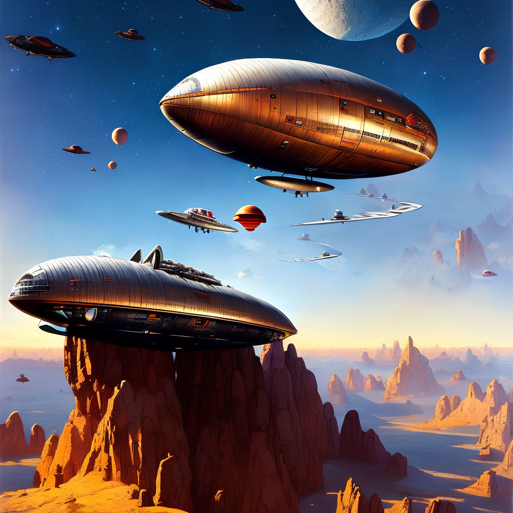 Sci-fi airships over desert with rock formations under orange sky