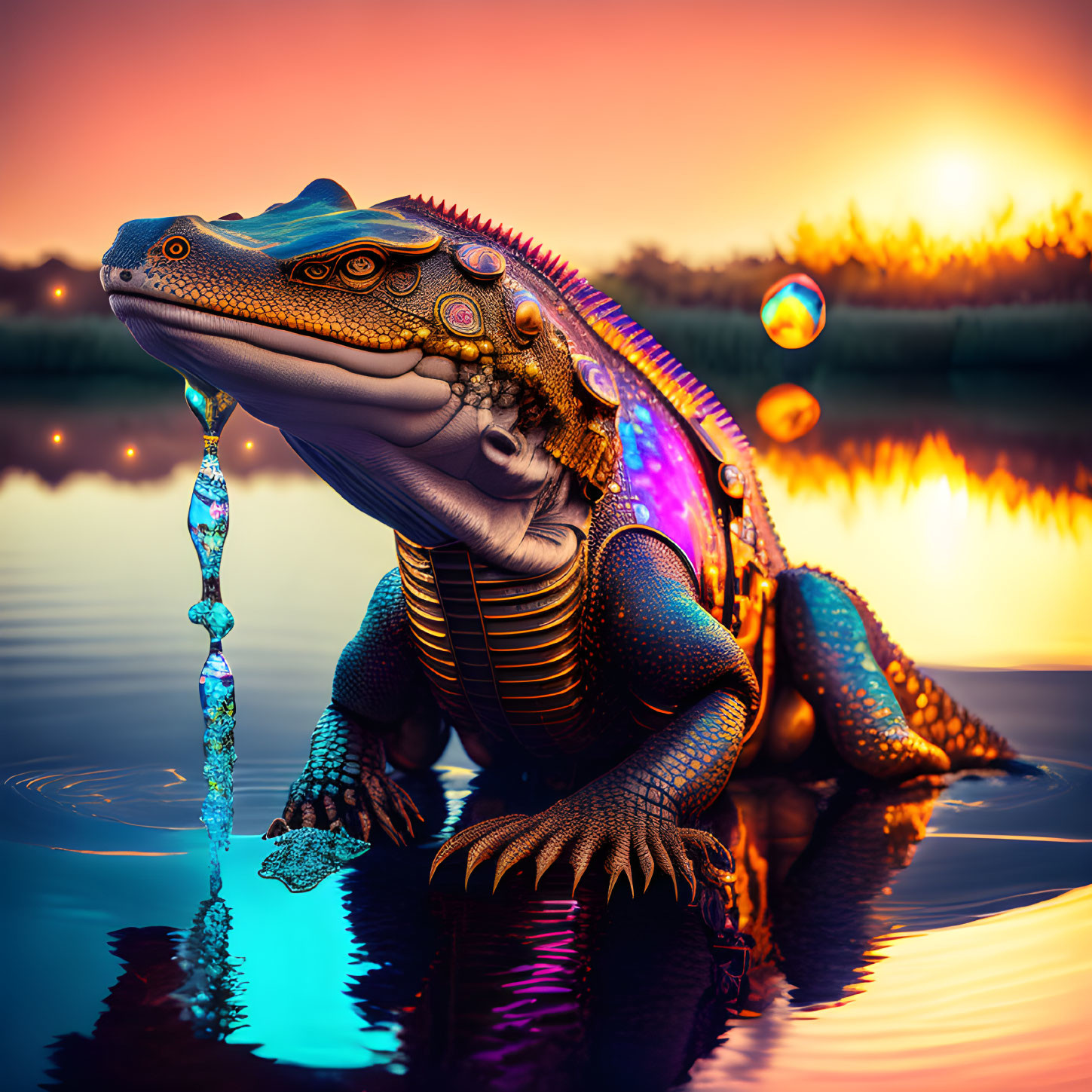 Colorful digital artwork: Stylized lizard with intricate patterns and jewels, by water at sunset.