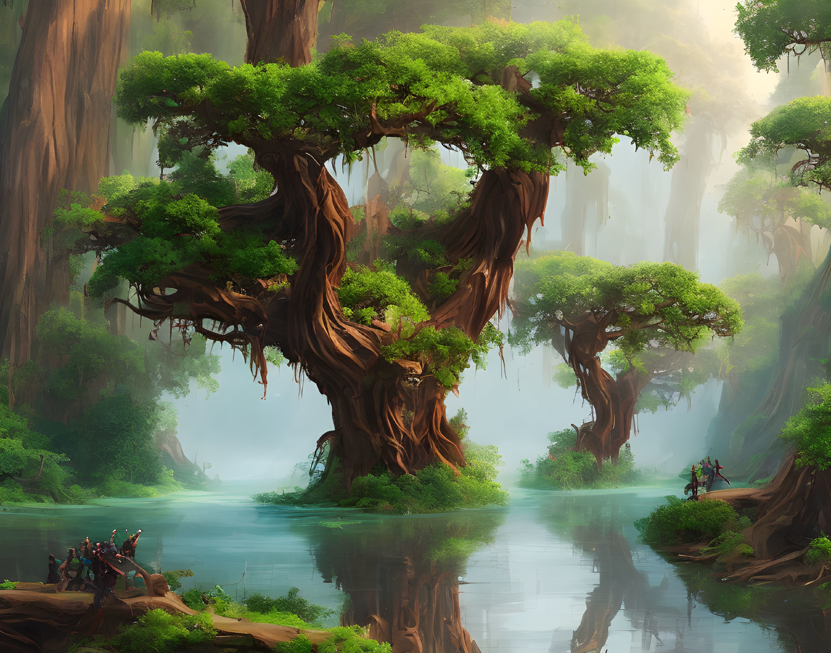 Ancient Trees and Serene River in Mystical Forest