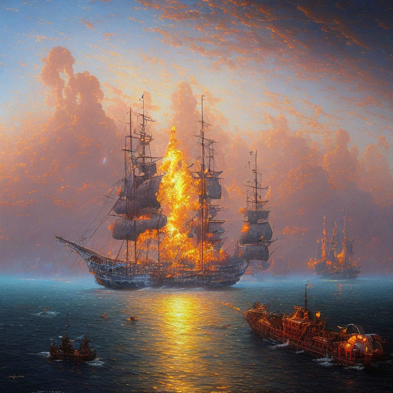 Burning tall ship surrounded by boats at sea at sunset