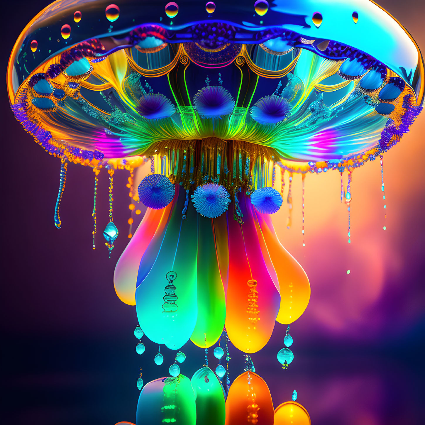 Colorful Fantasy Jellyfish Artwork with Ornate Patterns and Beads