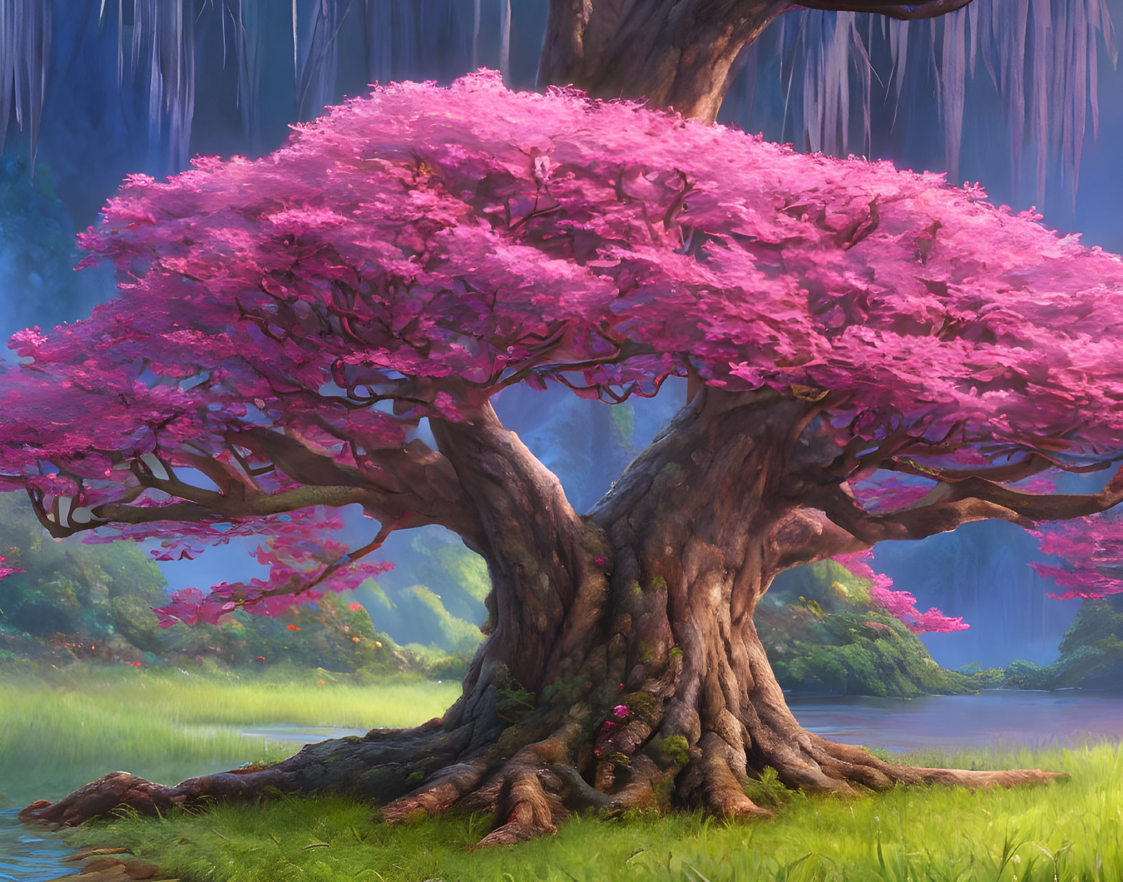 Majestic tree with vibrant pink blossoms in lush green meadow