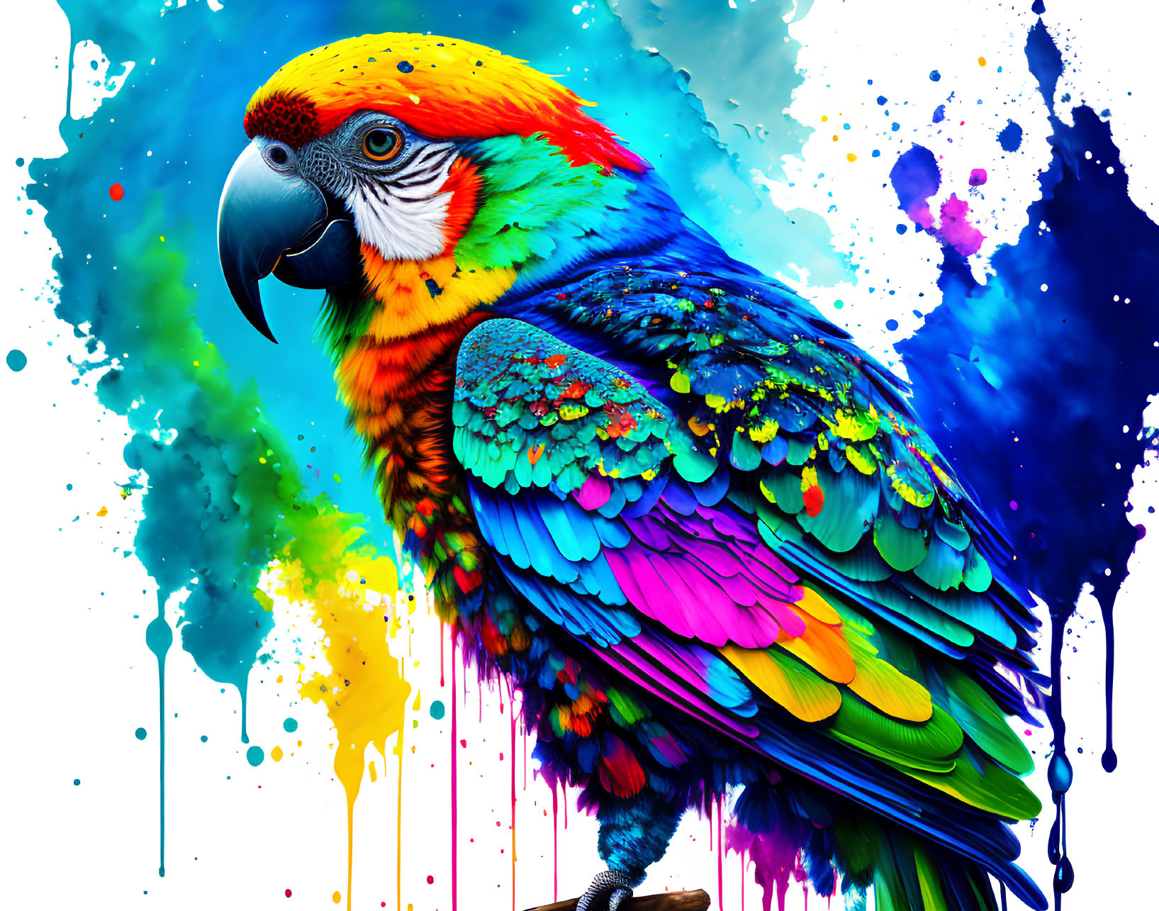 Colorful Macaw Parrot Artwork with Paint Splatters on White Background