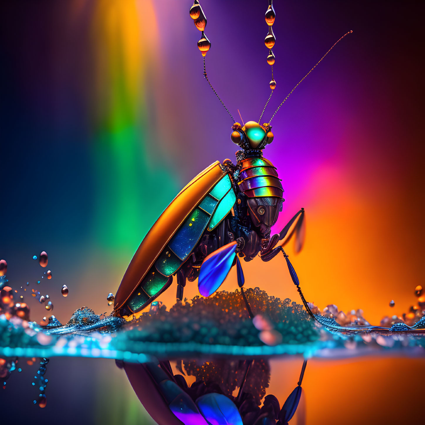 Colorful Mechanical Beetle Creature on Reflective Surface with Suspended Water Droplets