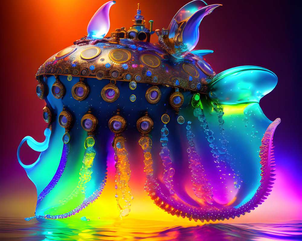 Colorful surreal illustration: mechanical octopus in water under gradient sky