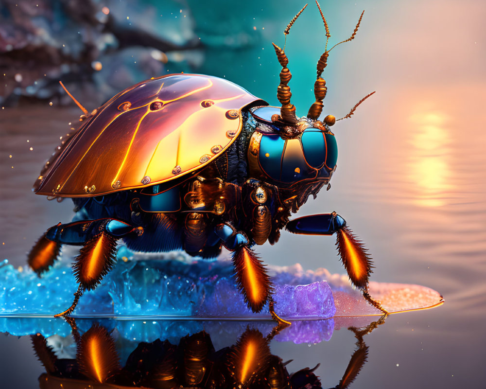 Mechanical beetle on ice floe at sunset with orange-hued water