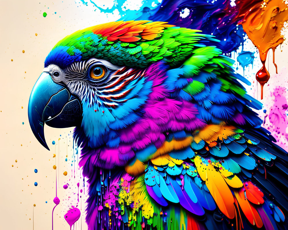 Colorful Parrot Artwork with Dripping Paint Effect