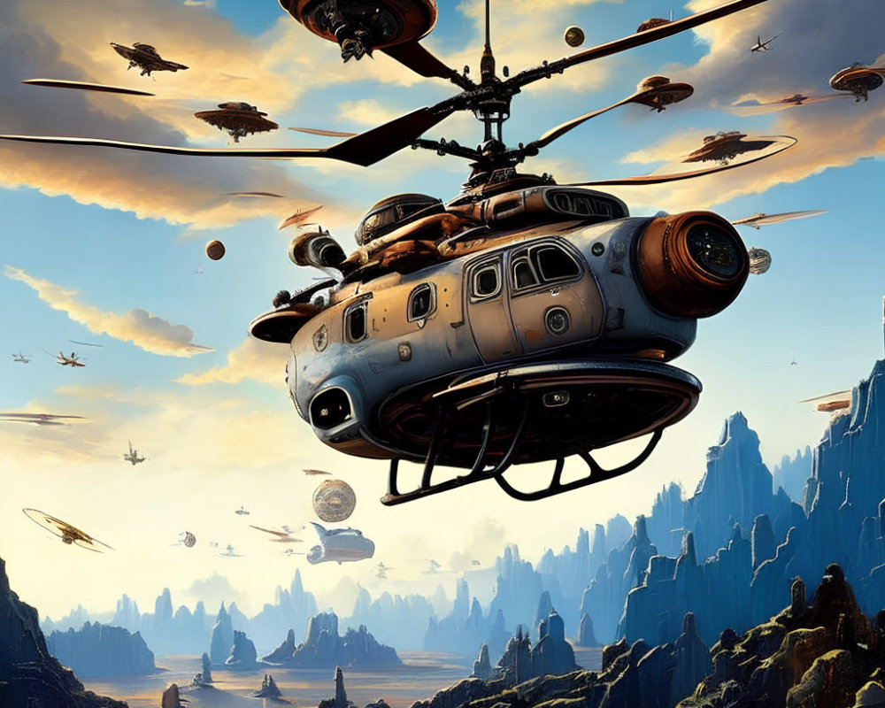 Multiple-rotor helicopter in futuristic rocky landscape with flying vehicles and distant planets