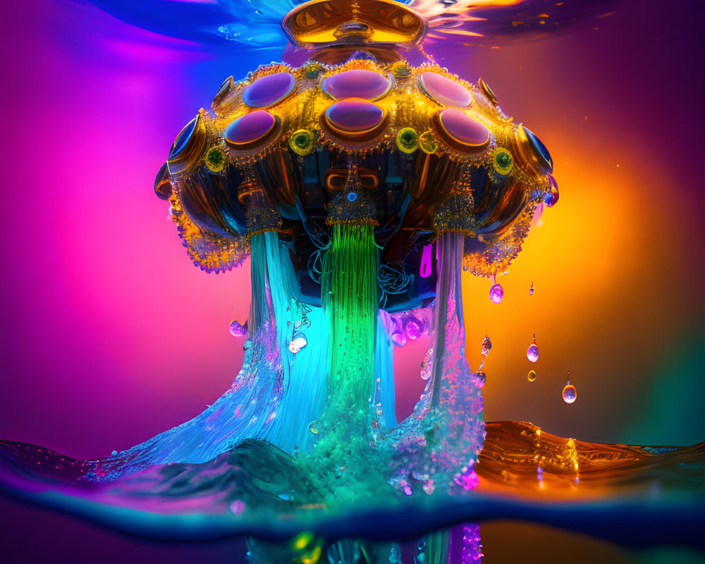 Colorful Digital Art: Fantastical Jellyfish Structure Floating Above Surreal Water