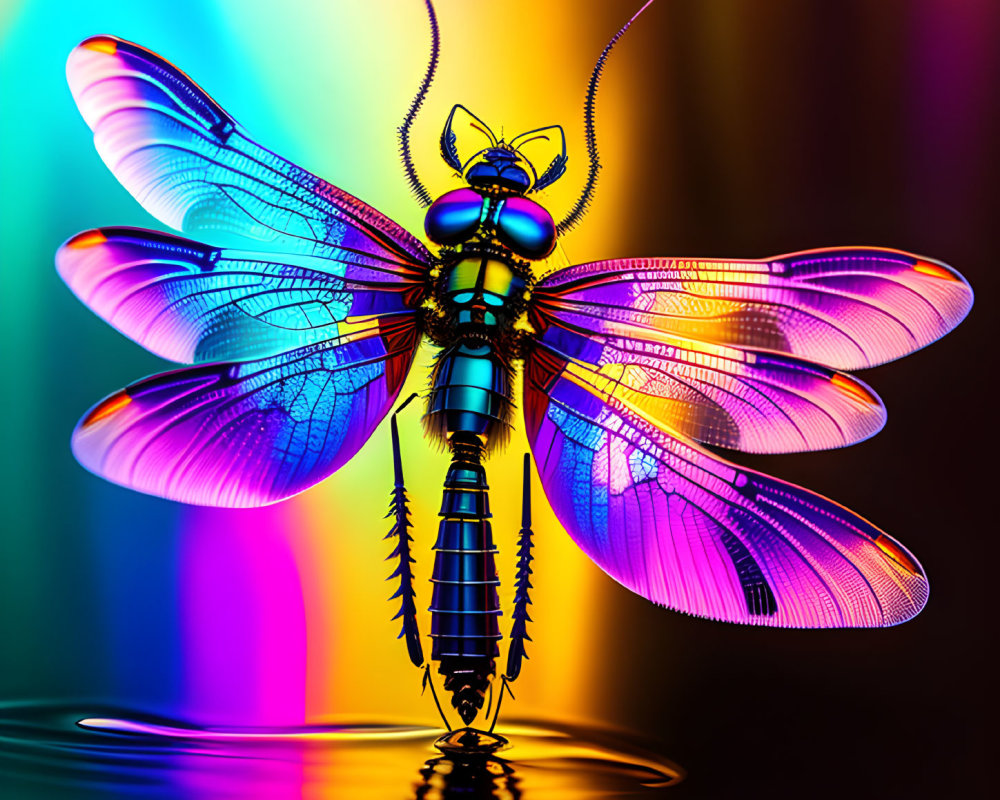 Iridescent artificial dragonfly on vibrant, multicolored background