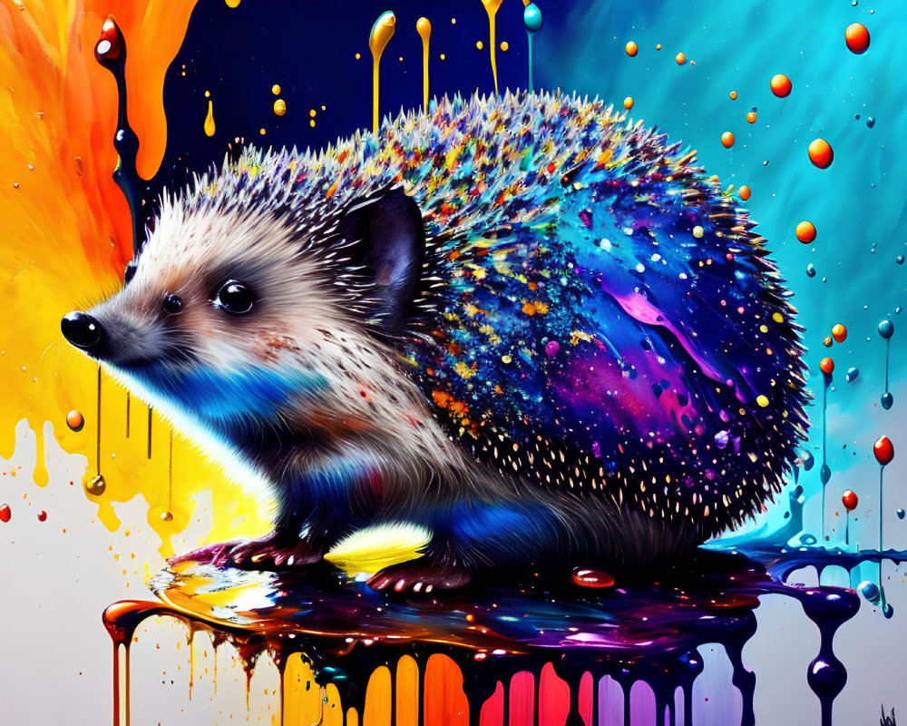 Vibrant Hedgehog Artwork with Colorful Paint Splashes