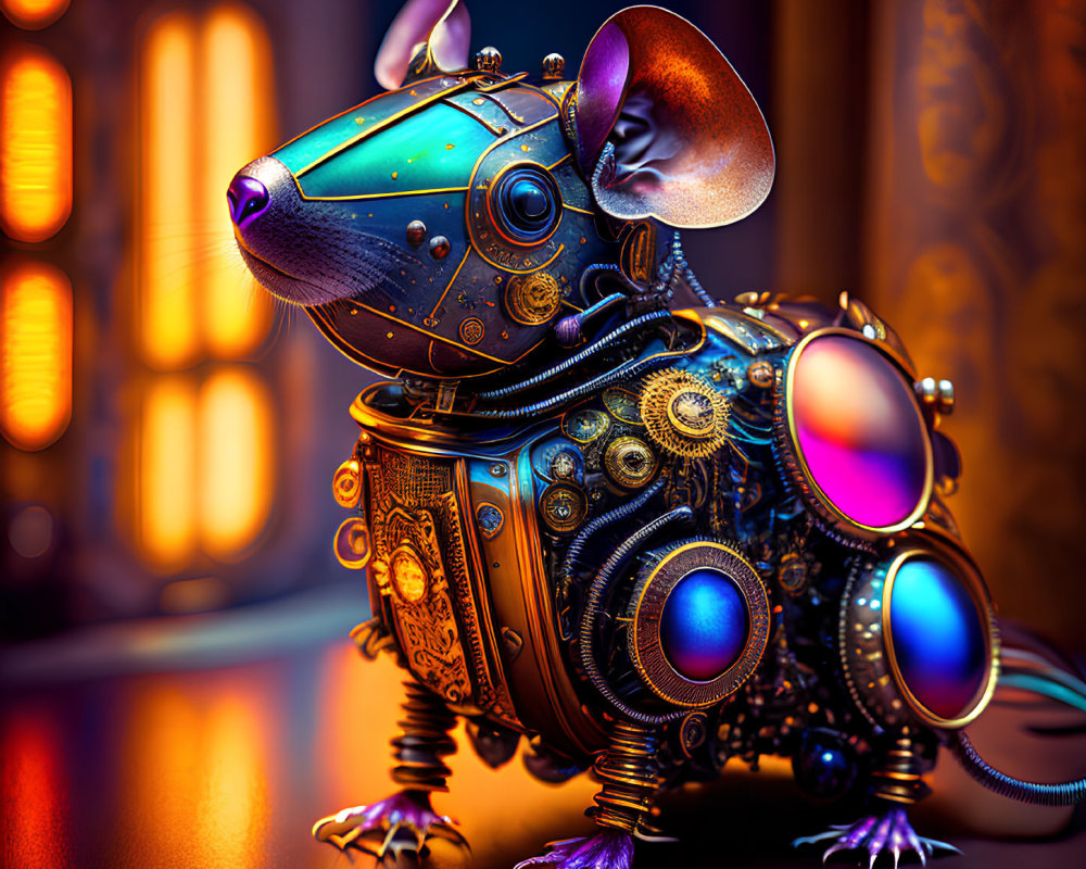 Colorful Steampunk Mechanical Mouse with Glowing Blue Eyes