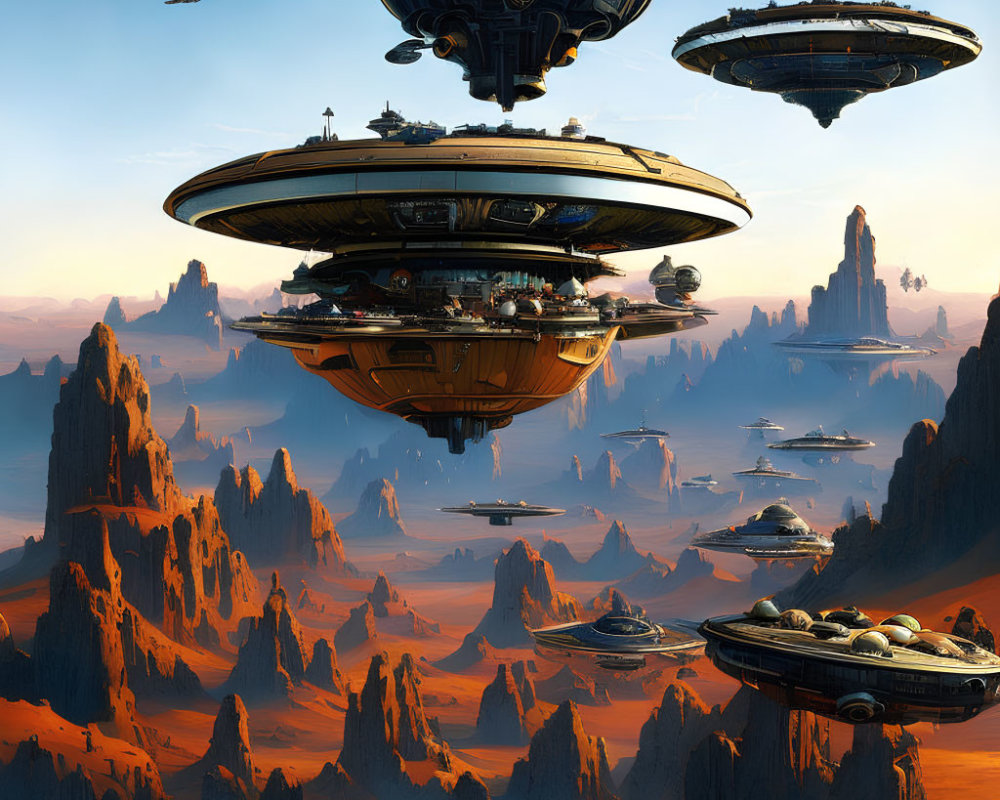 Futuristic floating cities above rocky desert spires with spacecrafts in the sky