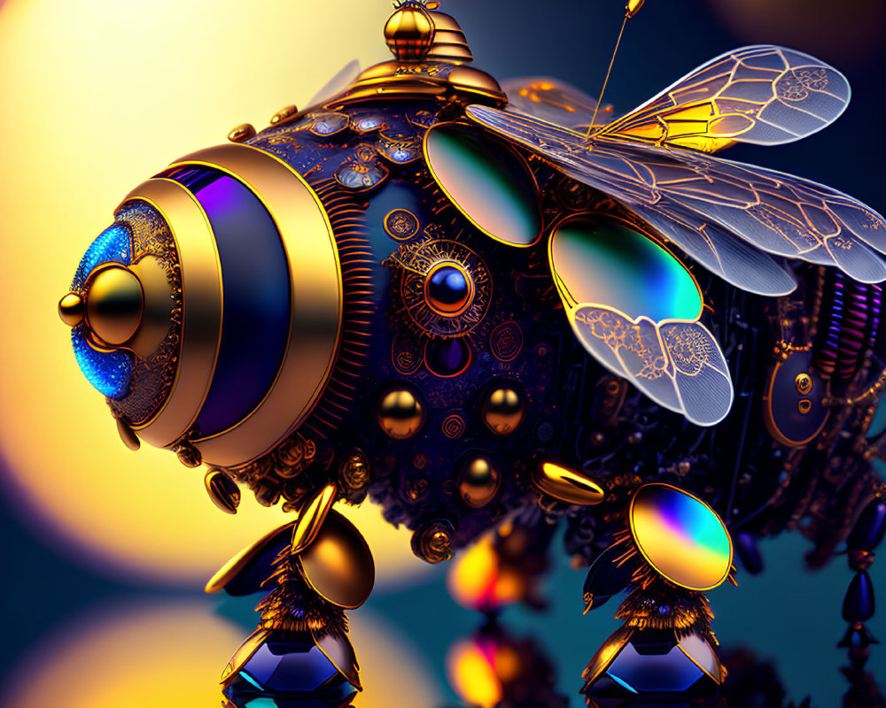 Mechanical bee illustration with intricate gears and jewel-like components on golden sunset backdrop