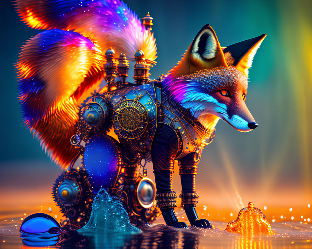 Colorful mechanical fox with feather-like fur by water and lights