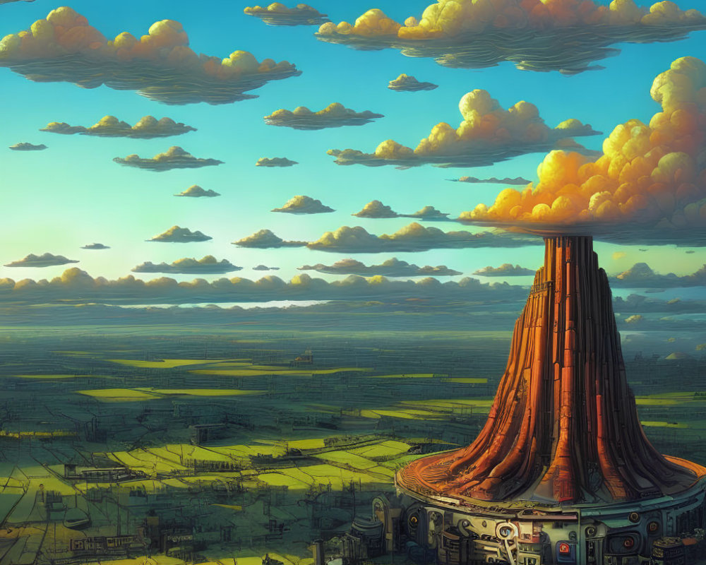 Towering tree-like structure in vast landscape under golden sky