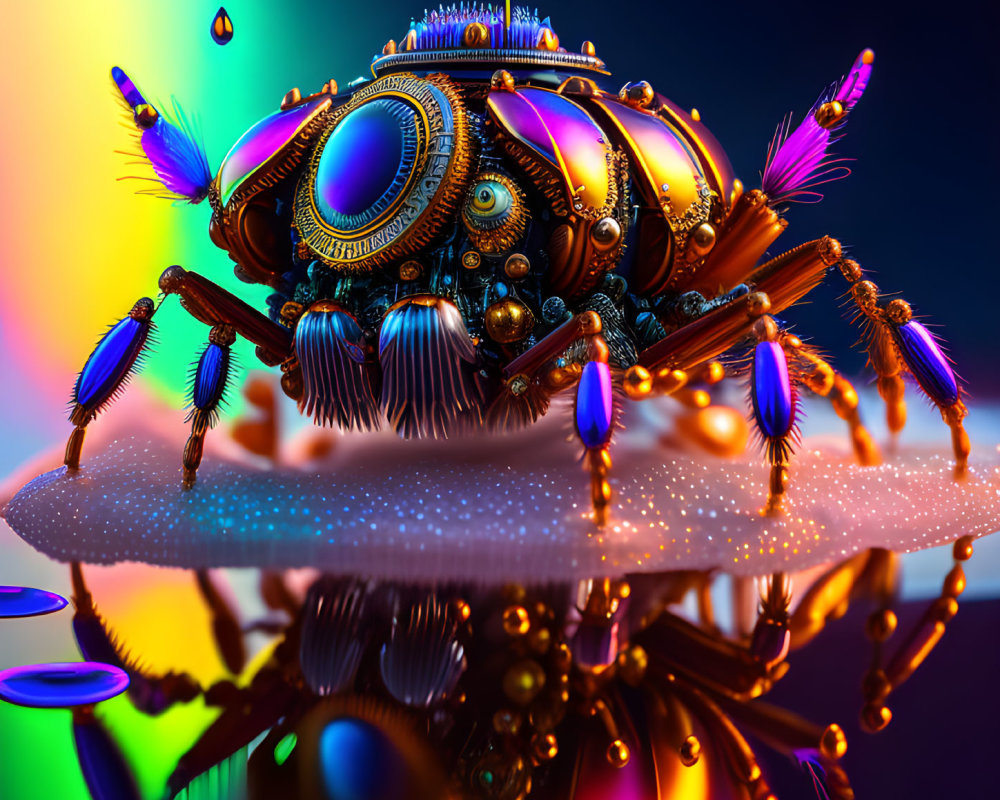 Detailed digital artwork: Mechanical insect with vibrant colors and reflections on glossy surface