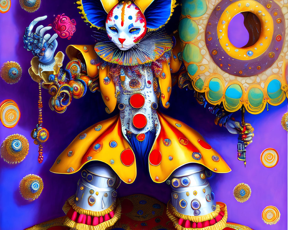 Colorful Clown-Like Figure in Jester Outfit with Abstract Patterns