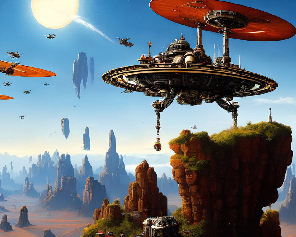 Futuristic cityscape with flying vehicles and towering rock formations under a bright sun and crescent planet