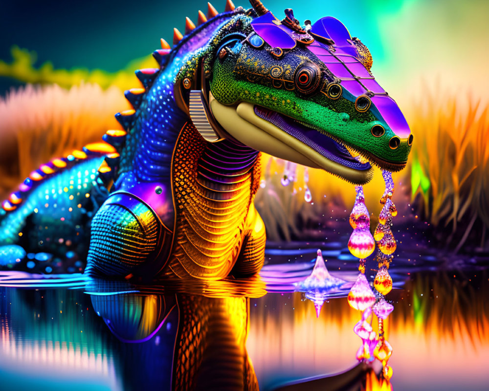 Colorful cybernetic crocodile with glowing eyes reflected on neon-lit water