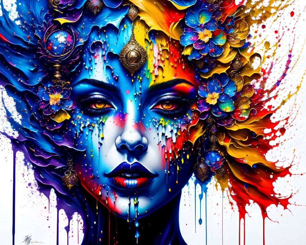 Colorful Abstract Artwork: Woman's Face with Blue Skin and Floral Patterns