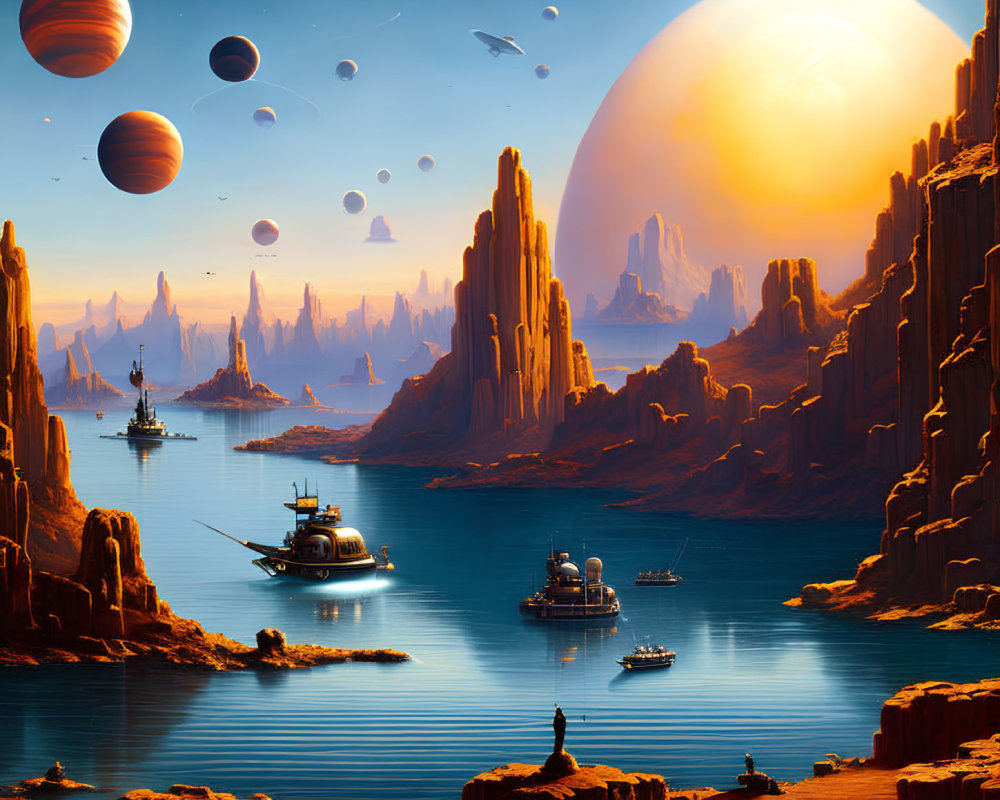 Futuristic ships on blue lake with orange rocks under alien sky