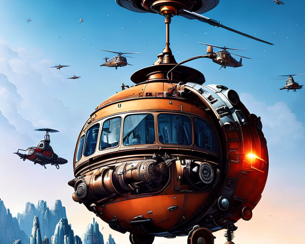 Detailed futuristic orange spherical airship hovering over rocky terrain with flying crafts under blue sky