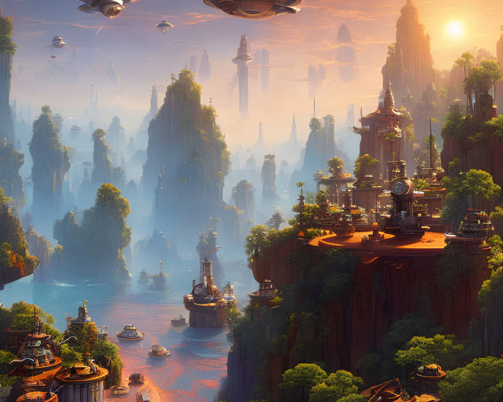 Fantastical sci-fi landscape with floating islands and flying saucers